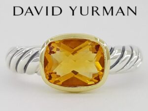 David Yurman Noblesse Cushion Citrine Ring 18k Yellow Gold & Silver 8.5 x 7 mm