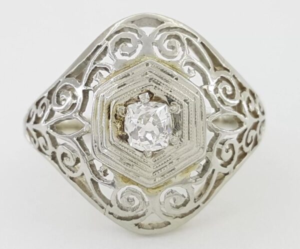 Antique Art Deco Old Mine Cut Diamond Engagement Ring 0.22 ct 18k White Gold