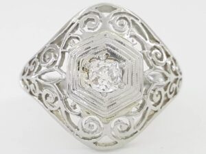 Antique Vintage Art Deco 18k White Gold Old Mine Cut Diamond Ring 0.2 ct