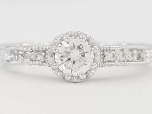 Round Brilliant Diamond Hand Engraved Engagement Ring 14K White Gold 0.61 ct