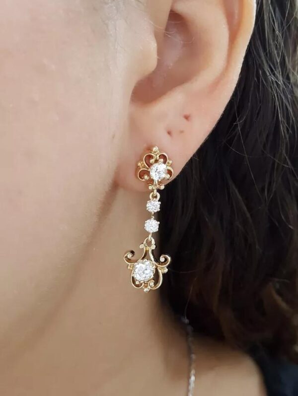 Antique Art Deco Old European Diamond Cut Drop Dangle Earrings 1.95 ct 14K Gold