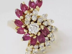 Vintage Gold Diamond & Ruby Statement / Cocktail Ring 14K Yellow Gold 1.77 ct