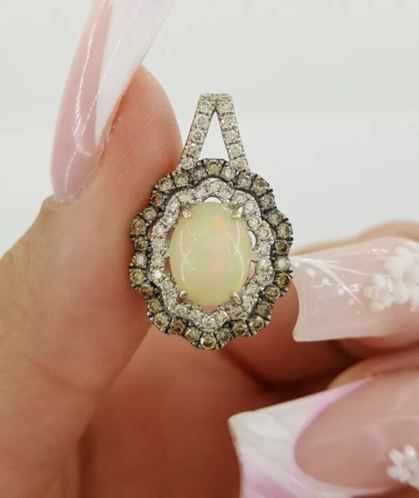 LeVian Opal Cabochon Cut Double Halo White & Chocolate Diamond 1.61 ct Pendant