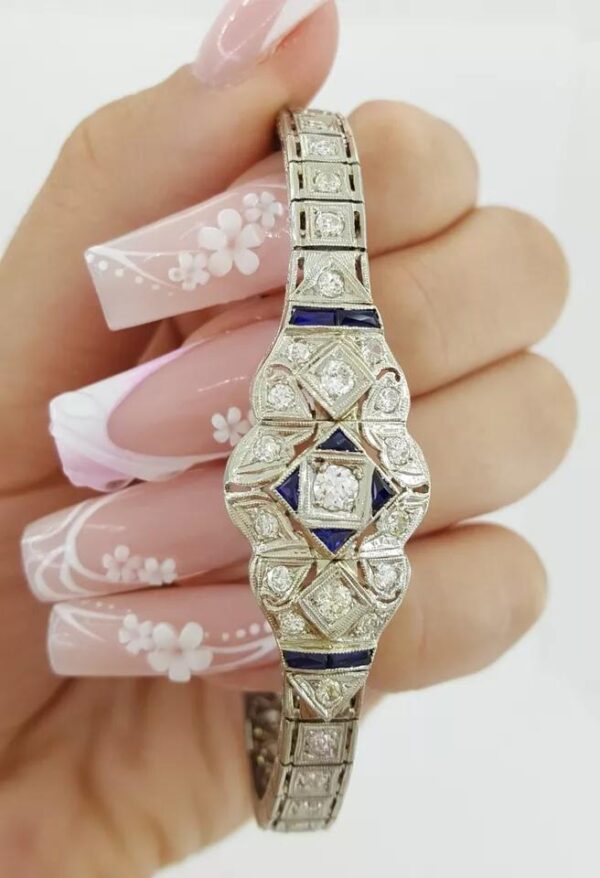 Art Deco Old European Cut Diamond Sapphire Bracelet 2.7 ct 18K W Gold 20 Grams
