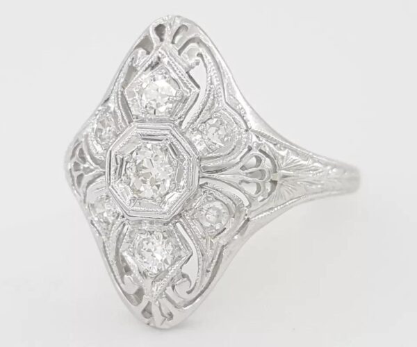 Antique Art Deco Old Mine Cut Diamond Statement Ring 0.38 ct 18K White Gold