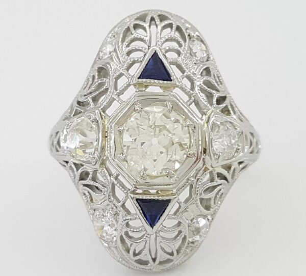 Antique Art Deco Old Mine Cut Diamond Engagement Ring 1.1 ct 18K White Gold