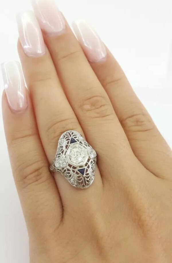 Antique Art Deco Old Mine Cut Diamond Engagement Ring 1.1 ct 18K White Gold