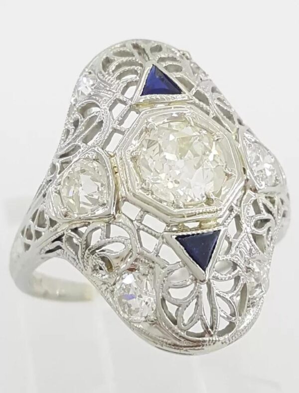 Antique Art Deco Old Mine Cut Diamond Engagement Ring 1.1 ct 18K White Gold