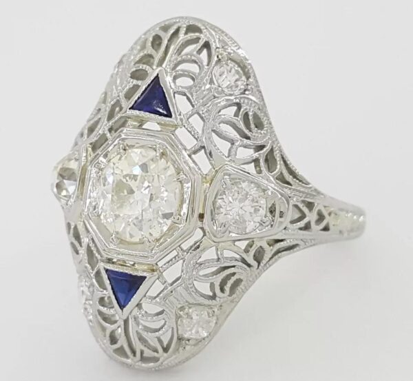 Antique Art Deco Old Mine Cut Diamond Engagement Ring 1.1 ct 18K White Gold