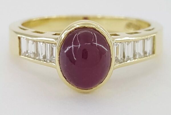 Cabochon Cut Ruby & Baguette Diamond Ring 2 ct 18k Yellow Gold