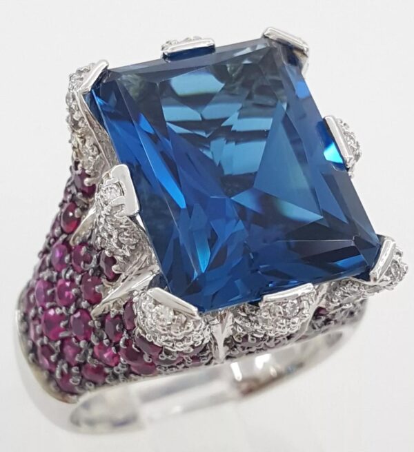 Sonia B. Blue Topaz Diamond Pink Sapphire Statement Ring 14k W Gold 16.5 Grams