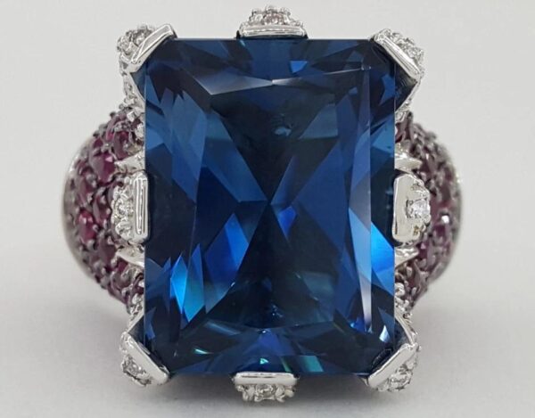 Sonia B. Blue Topaz Diamond Pink Sapphire Statement Ring 14k W Gold 16.5 Grams