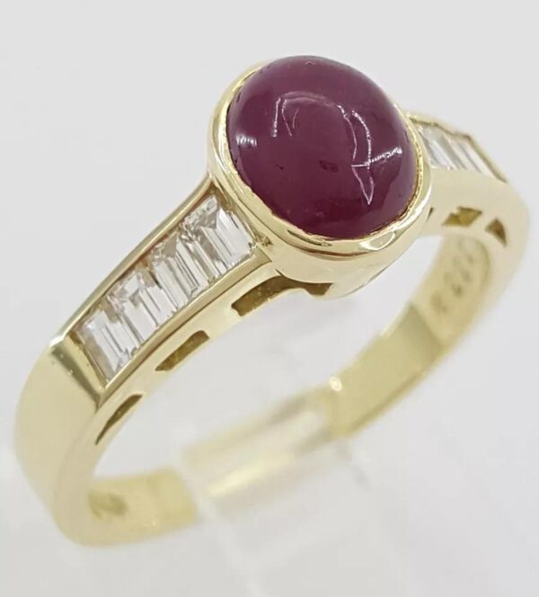 Cabochon Cut Ruby & Baguette Diamond Ring 2 ct 18k Yellow Gold