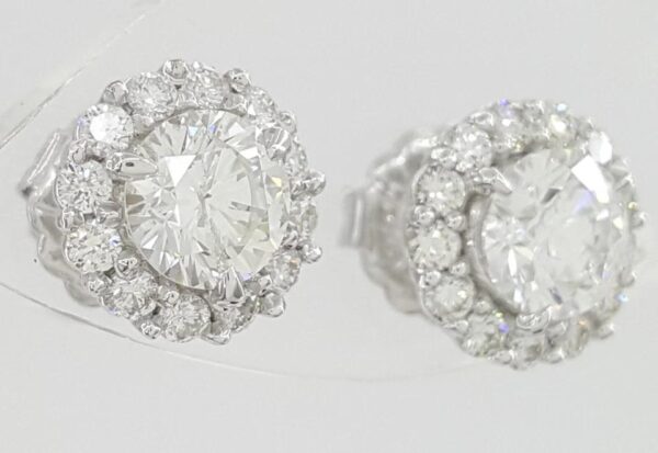 Round Cut Diamond Halo Stud Earrings 1.95 ct 14k White Gold Retail $6,000