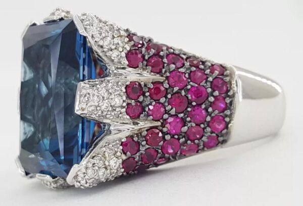 Sonia B. Blue Topaz Diamond Pink Sapphire Statement Ring 14k W Gold 16.5 Grams
