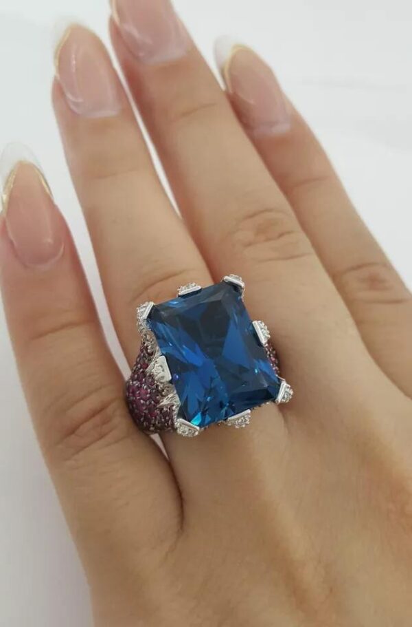 Sonia B. Blue Topaz Diamond Pink Sapphire Statement Ring 14k W Gold 16.5 Grams