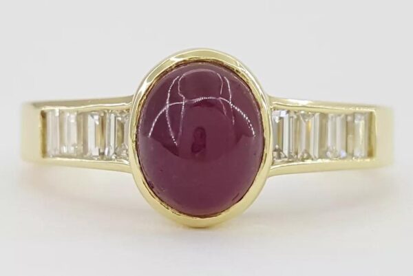 Cabochon Cut Ruby & Baguette Diamond Ring 2 ct 18k Yellow Gold