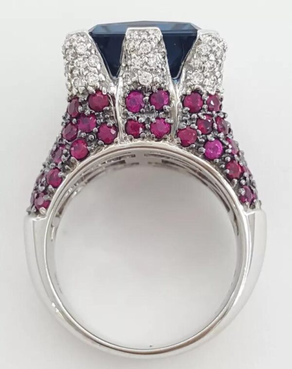 Sonia B. Blue Topaz Diamond Pink Sapphire Statement Ring 14k W Gold 16.5 Grams