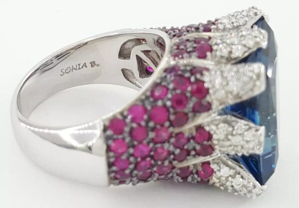 Sonia B. Blue Topaz Diamond Pink Sapphire Statement Ring 14k W Gold 16.5 Grams