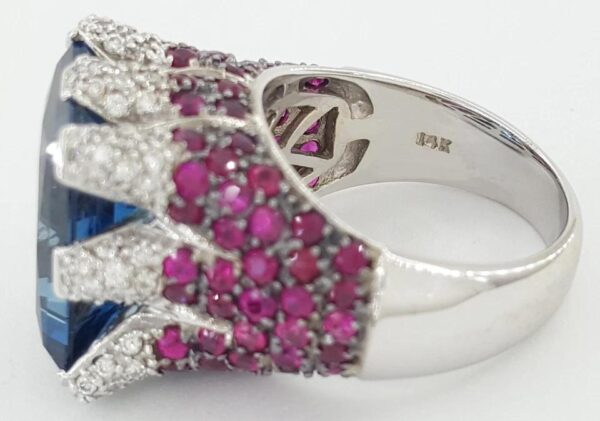 Sonia B. Blue Topaz Diamond Pink Sapphire Statement Ring 14k W Gold 16.5 Grams