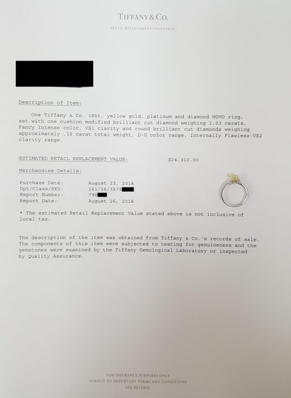 Tiffany & Co Novo Fancy Intense Yellow Cushion Diamond Engagement Ring 1.19 ct