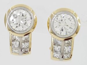 Round Diamond Omega Back Earrings 2 ct 18K Gold & Platinum 11.2 Grams