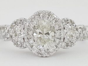 Celebration Oval Three Stone Halo Diamond Engagement Ring 1 ct 14K White Gold