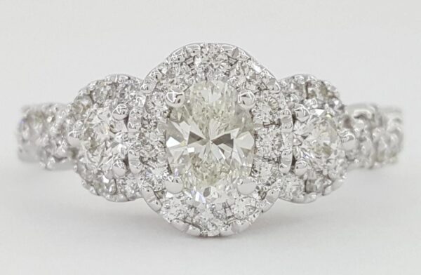 Celebration Oval Three Stone Halo Diamond Engagement Ring 1 ct 14K White Gold
