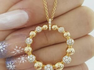 Diamond Circle Pave Bead Necklace 18K Rose Gold Italy 0.4 ct 16'-18"