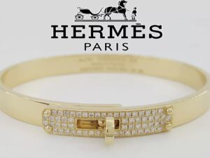Hermes Kelly 18K Yellow Gold Pave Diamonds Bracelet 0.35 ct Retail $17,200 XS