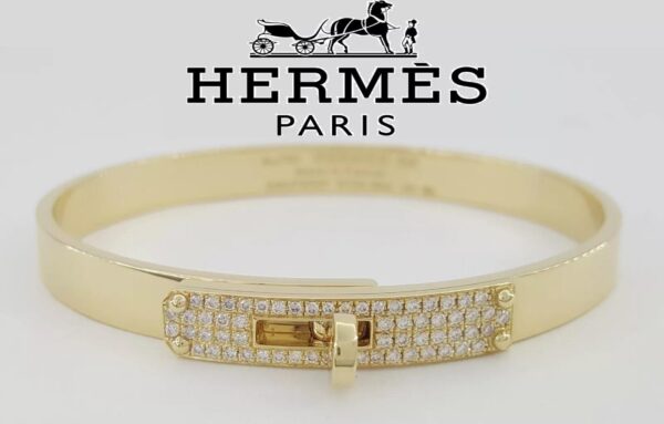 Hermes Kelly 18K Yellow Gold Pave Diamonds Bracelet 0.35 ct Retail $17,200 XS