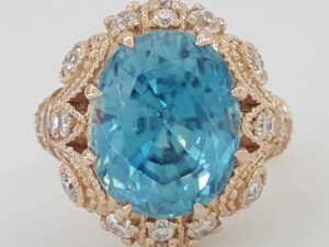 Oval Cut Blue Zircon & Diamond Cocktail Statement Ring 8.08 ct 14k Rose Gold
