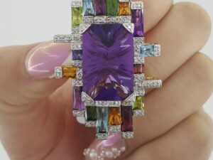 Bellarri Amethyst Gemset Diamond Pendant Brooch 21.4 ct 18.9 g 18K Yellow Gold