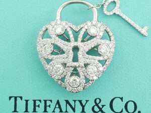 Tiffany & Co Diamond Filigree Lock Heart Key Pendant 1.44 ct 18k White Gold
