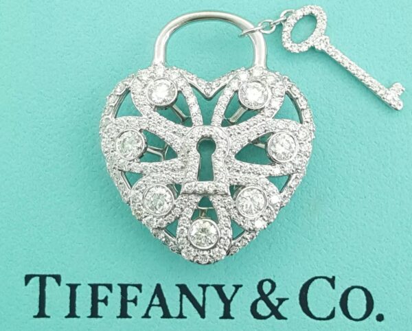 Tiffany & Co Diamond Filigree Lock Heart Key Pendant 1.44 ct 18k White Gold