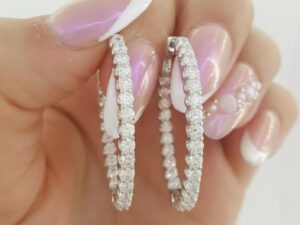 Diamond Inside Out Oval Hoop Earrings 34 mm 3.05 ct Round Diamond 14K W Gold