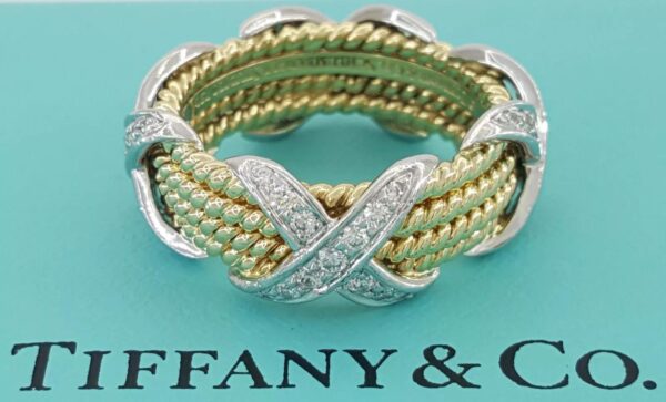 Tiffany & Co. Schlumberger 4 Row Rope X Diamond Ring Platinum & 18k 0.54 ct