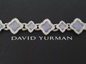 David Yurman Quatrefoil Chalcedony Diamond Bracelet 3.44 ct 18K W Gold 69 Grams