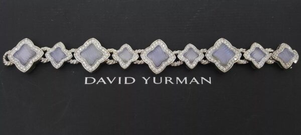 David Yurman Quatrefoil Chalcedony Diamond Bracelet 3.44 ct 18K W Gold 69 Grams