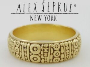 Alex Sepkus Carved 18K Yellow Gold Wedding Band Ring 6.7 mm Size 10.75