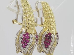 Vintage HIMO Diamond Ruby Tulip Earrings 18k Yellow Gold 2 ct 10.3 grams
