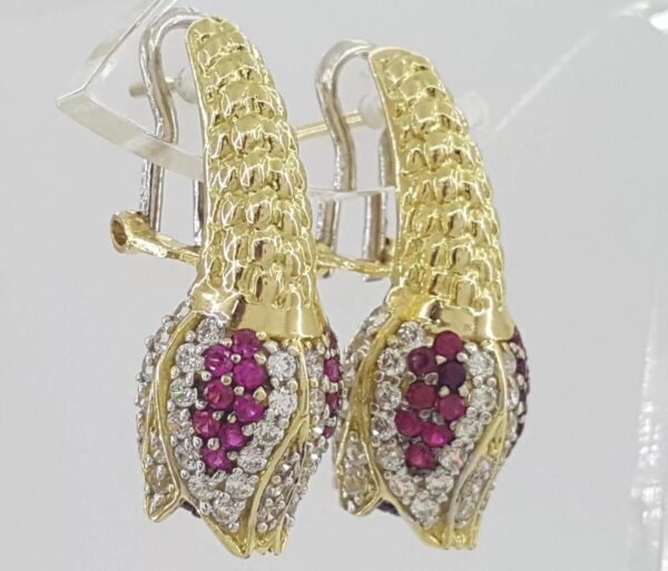 Vintage HIMO Diamond Ruby Tulip Earrings 18k Yellow Gold 2 ct 10.3 grams