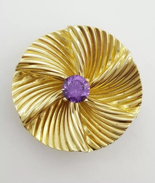 Vintage 14K Yellow Gold Round Amethyst Flower Pin Brooch 11.3 Grams