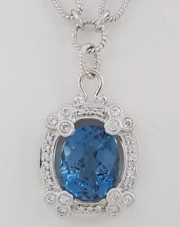 Oval Blue Topaz & Round Diamond Pendant Necklace 0.5 ct 18k White Gold 24 gr 18"