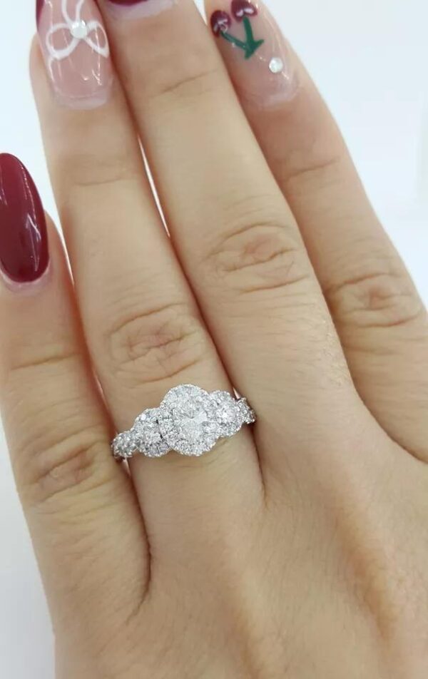 Celebration Oval Three Stone Halo Diamond Engagement Ring 1 ct 14K White Gold