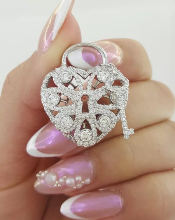 Tiffany & Co Diamond Filigree Lock Heart Key Pendant 1.44 ct 18k White Gold
