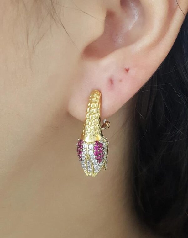 Vintage HIMO Diamond Ruby Tulip Earrings 18k Yellow Gold 2 ct 10.3 grams