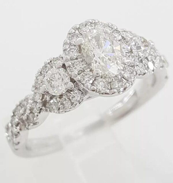 Celebration Oval Three Stone Halo Diamond Engagement Ring 1 ct 14K White Gold