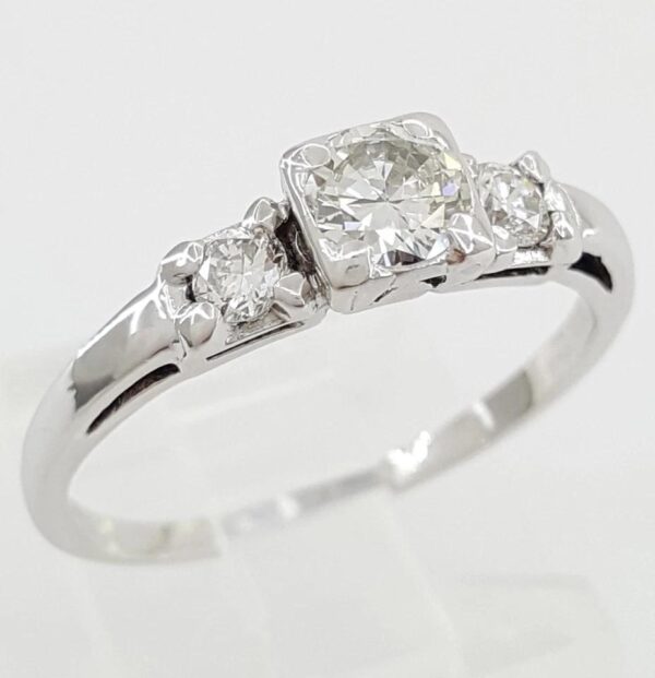 Vintage Three-Stone Round Diamond 14k White Gold 0.58 ct Engagement Ring