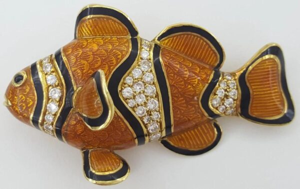 Henryk Kaston Finding Nemo Enamel Diamond Clownfish Fish Pin Brooch 1.25 ct 18K